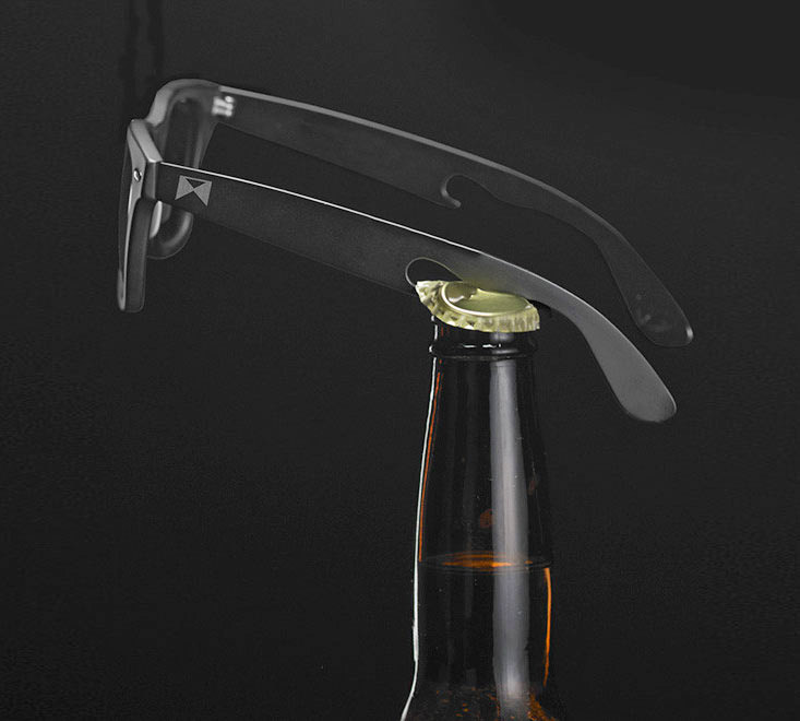 Black spectacles arms that can open a glass bottle 