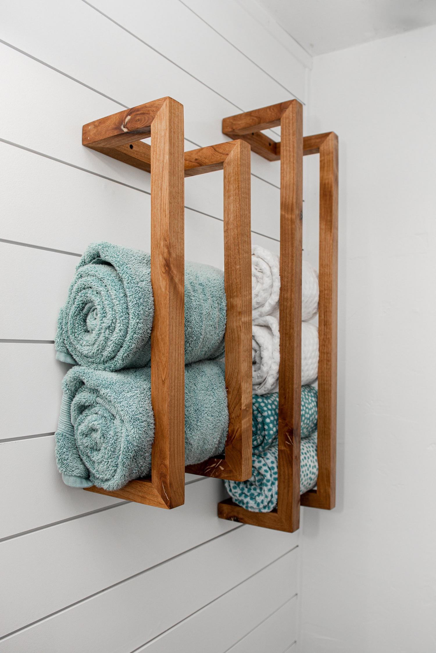 Brown wooden Farmhouse Style Towel Rack on a white wall