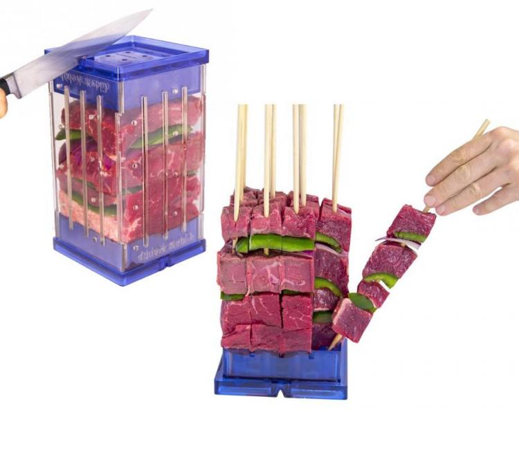 A blue-colored 6 skewer at once maker filled with meat and bell peppers in skewers