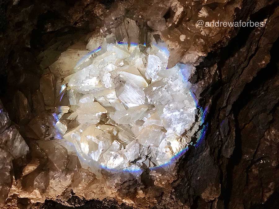 An inside shot of giant ice crystals in crystal cave