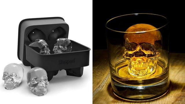Black skull-shaped ice mold with four skull ice cube, skull-shaped ice cube in a glass of water