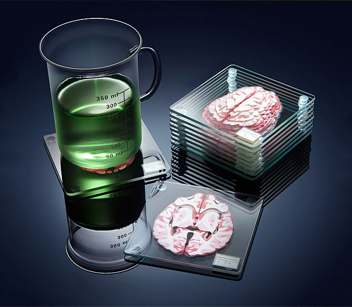 3d pink colored realistic brain printed coaster near a green drink filled glass on a black surface