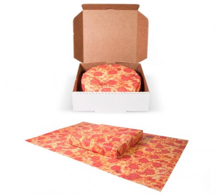 Different gifts wrapped in a pizza-themed paper