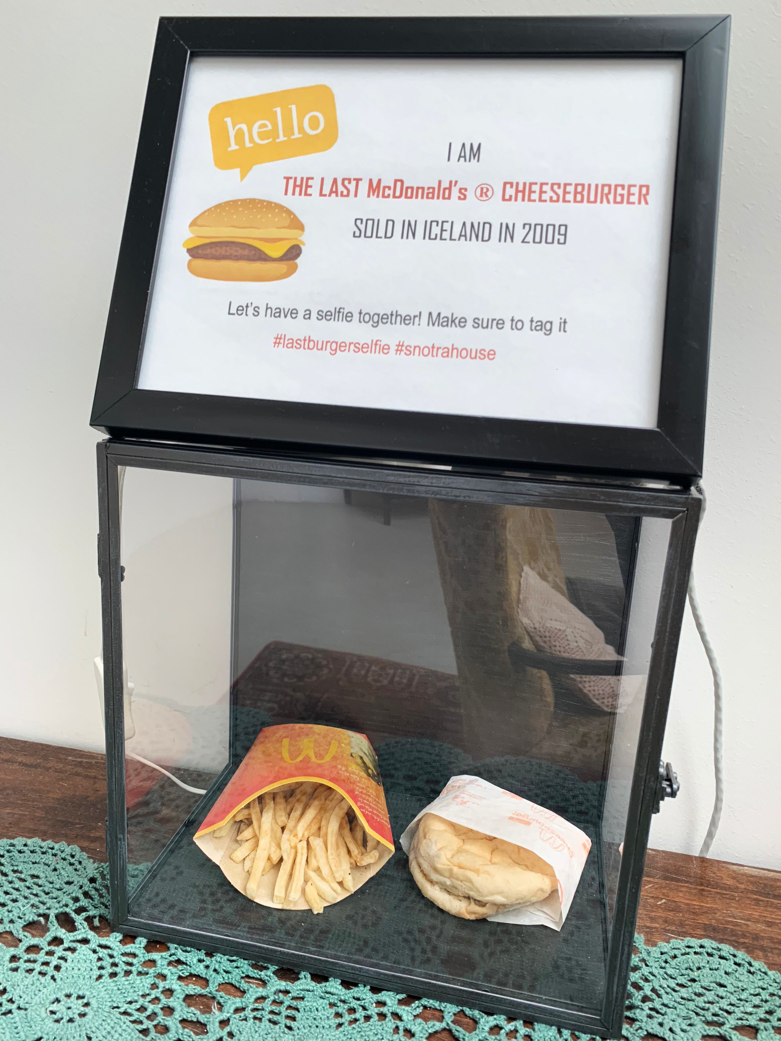 A regular fries pack and mcdonald's burger in a glass box in an Iceland's museum