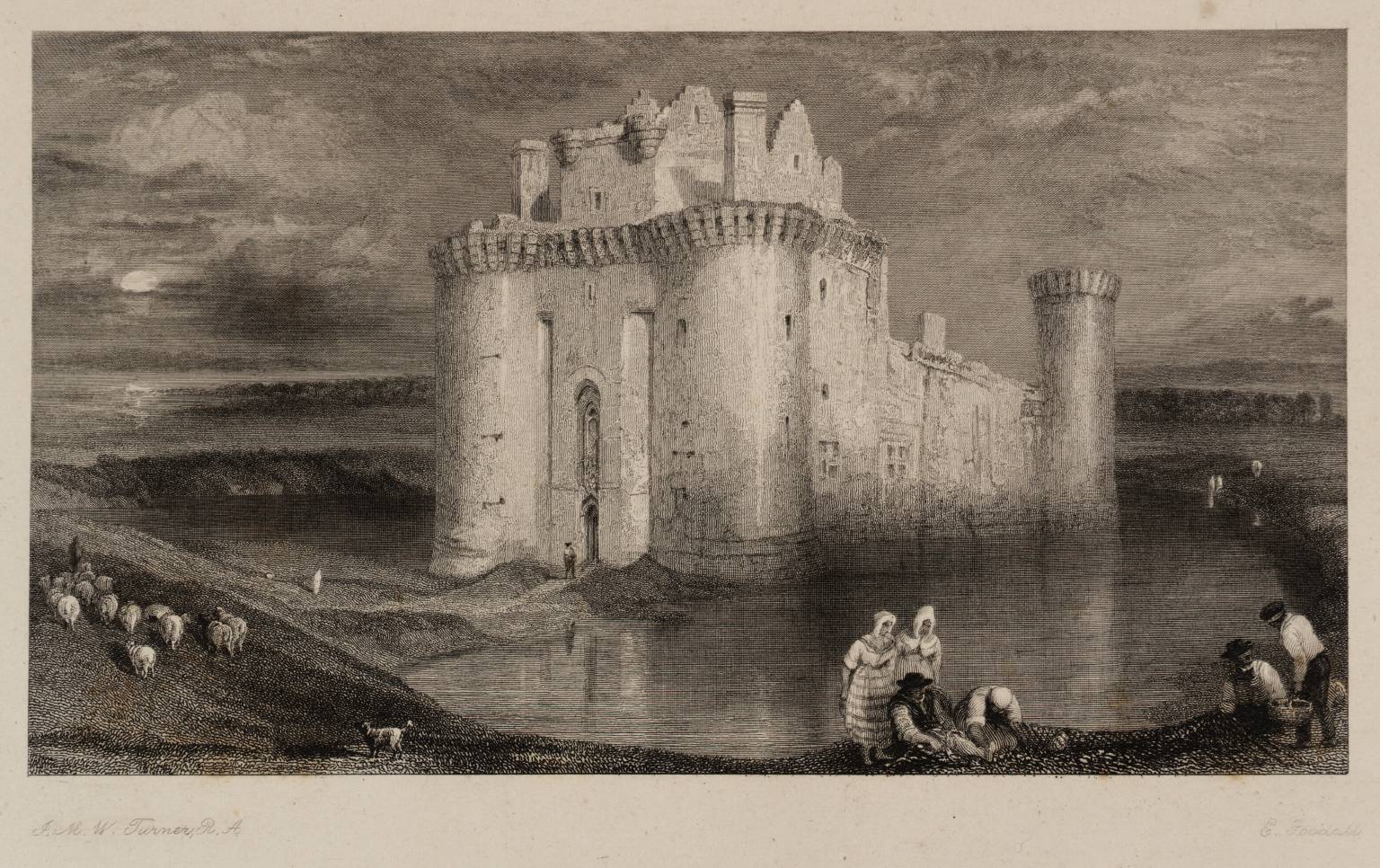 A black and white picture of caerlaverock castle