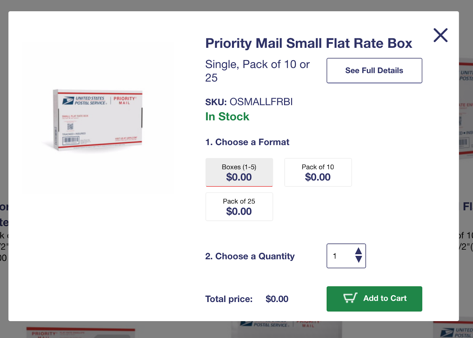 A screenshot of priority mail in small flat rate box in an online market