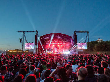 People at Field Day Festival with a huge stage