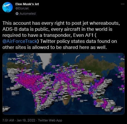 Screenshot of a Tweeter post run by Jack Sweeney Tracking Elon Musk's Private Jet
