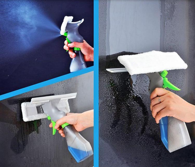 2-in-1 sprayer and squeegee cleaning a glass window