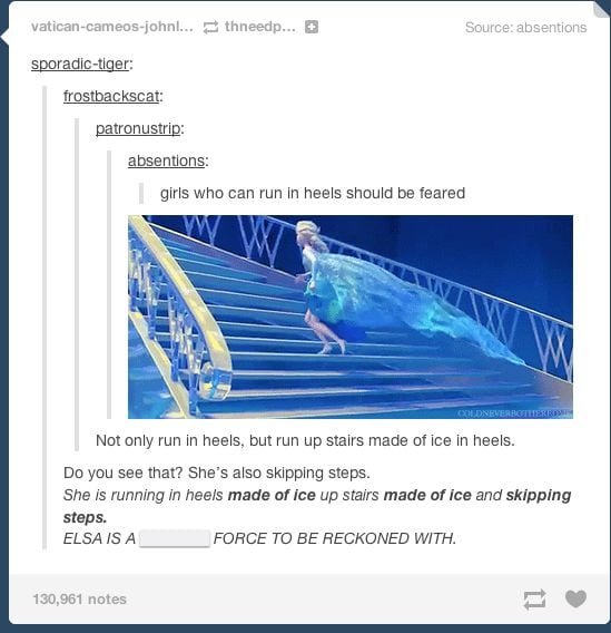 Elsa running on the ice staircase and comment thread on tumblr