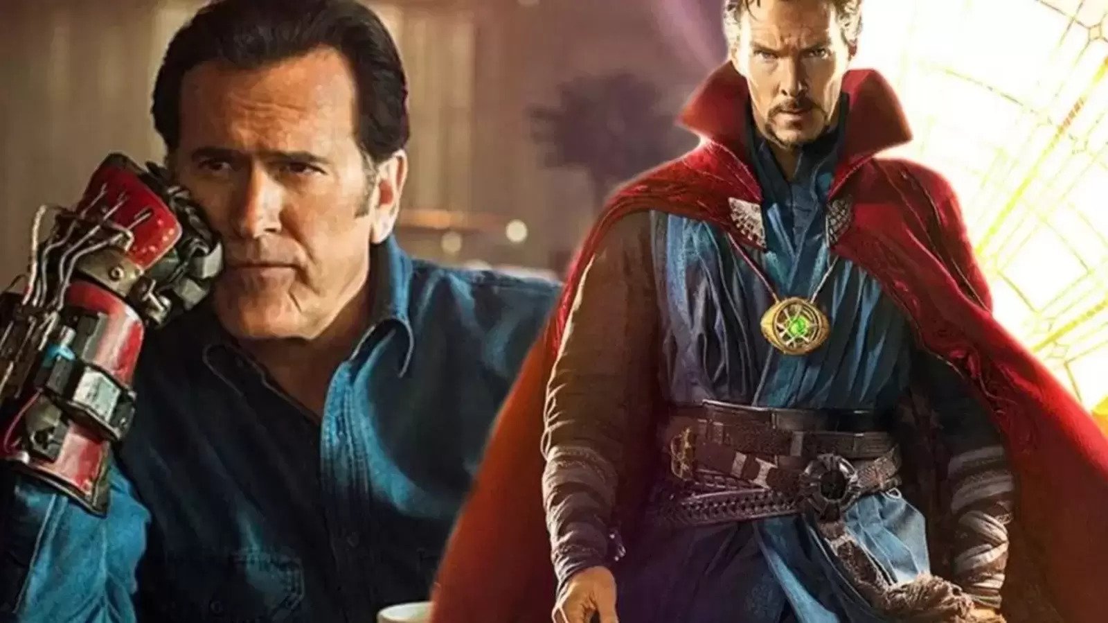 Dr strange wearing a green magical pendant; Bruce Campbell wearing a metallic hand