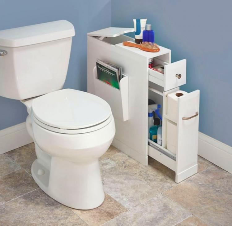 A white commode with a white ultra-thin shelf on a white-brown-grey marble floor