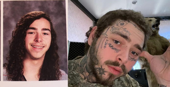 Long hair smiling post malone; tattooed neck and face of post malone