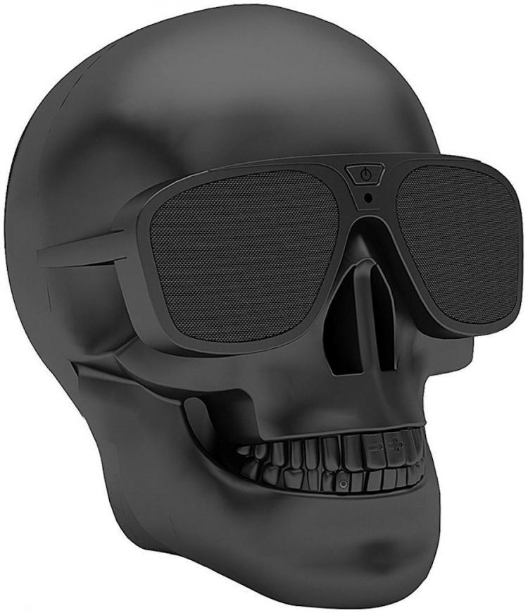 Black colored skull wearing black colored spectacles