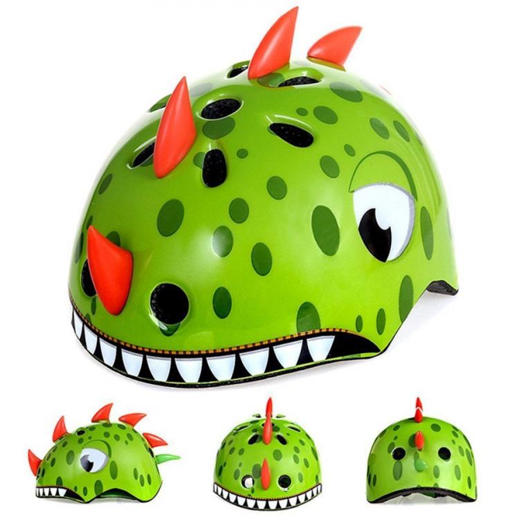 Green colored dinosaur helmet with black sports and red horns