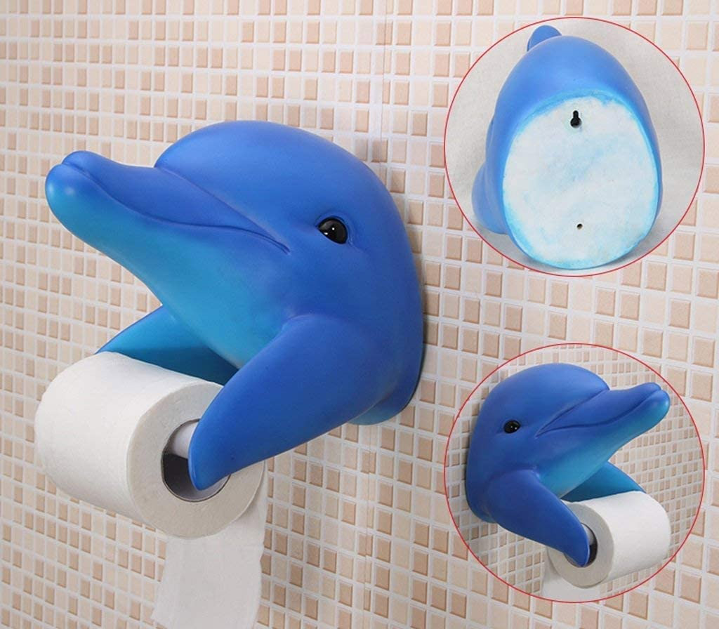 Blue colored Dolphin Toilet Paper Holder on a skin wall