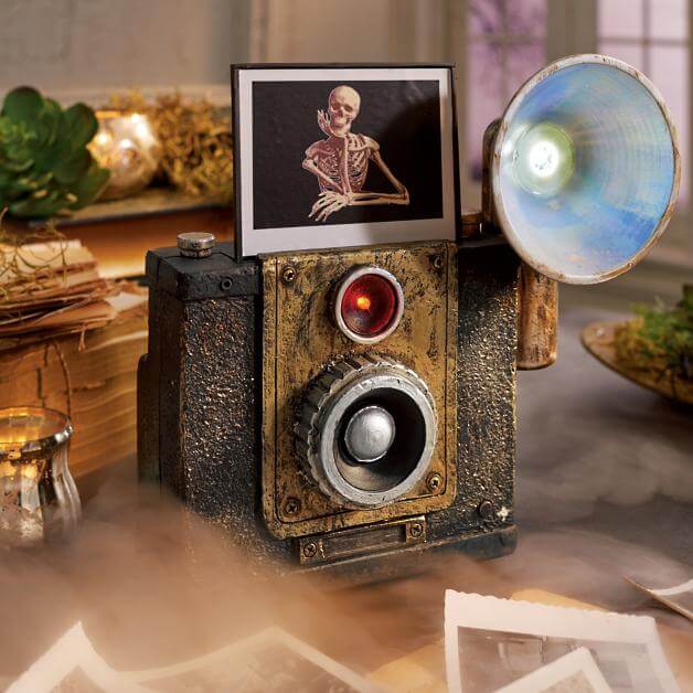 Vintage camera along with an animated skeleton picture