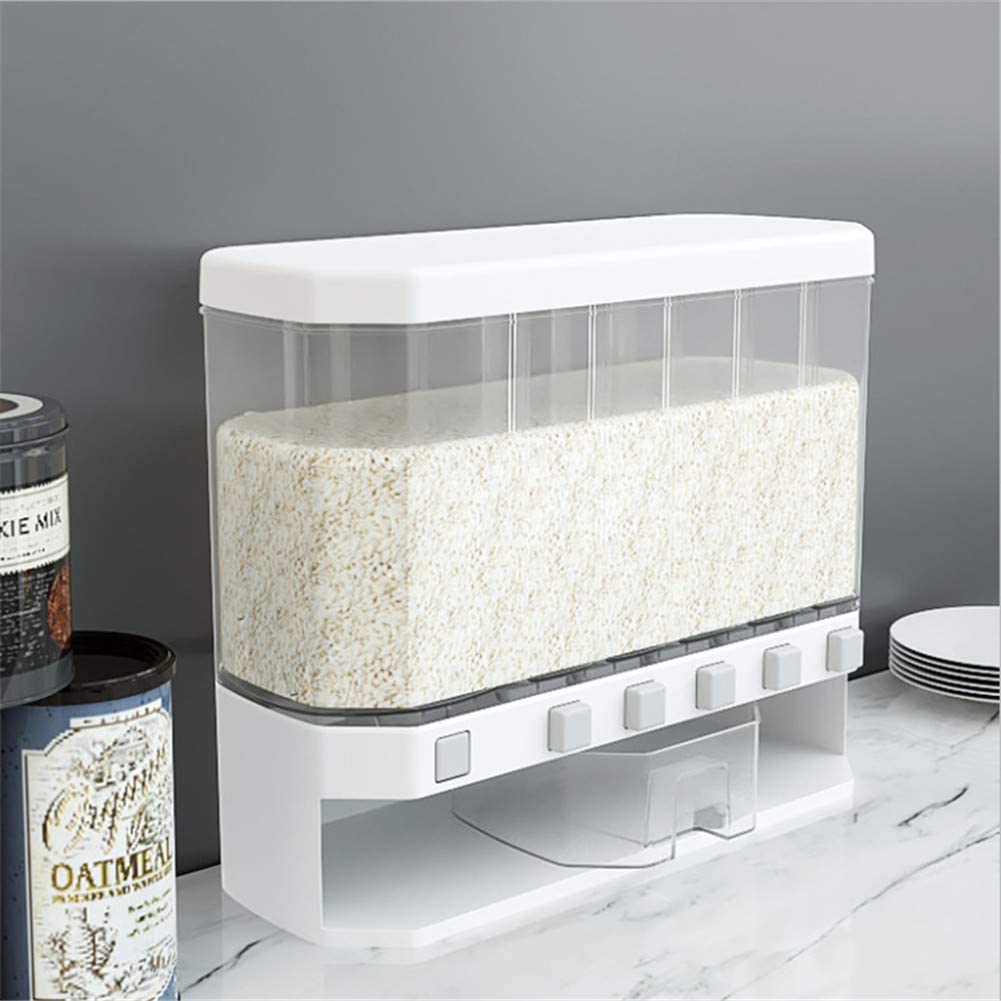 Transparent wall mounted food dispenser filled with rice