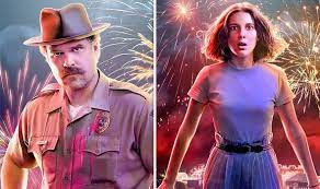 Eleven wearing a purple shirt and purple skirt; and chief hopper wearing a khaki hat and a shirt