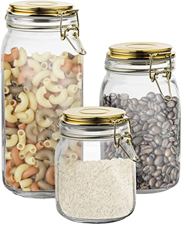 3 Glass and Gold Food Storage Jars with rice, elbow macaroni and coffee beans in it