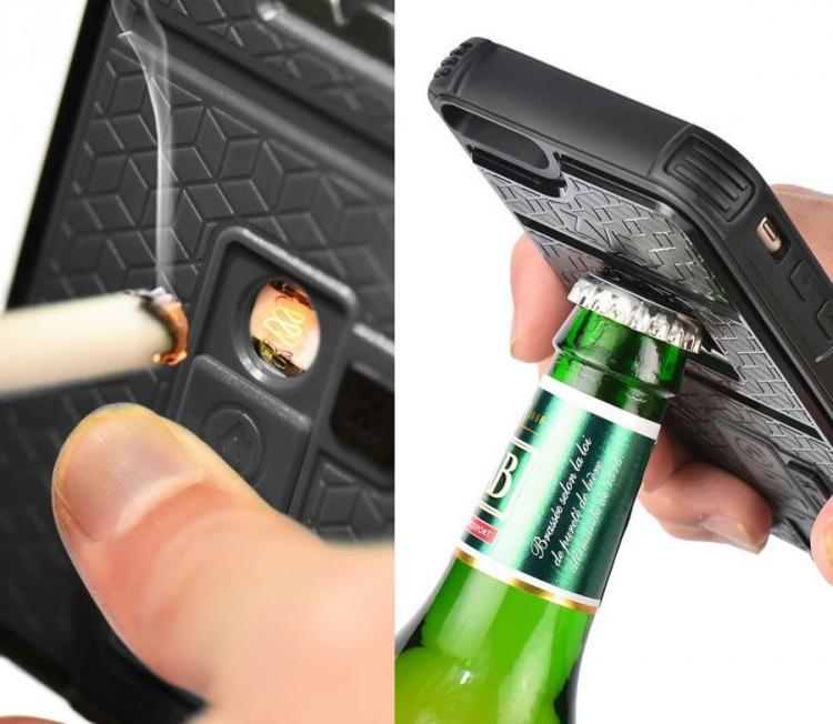 A black phone case that can fire a cigarette and can open a glass bottle