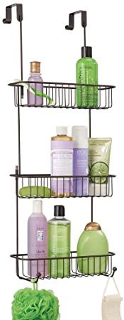 A Door Shower Caddy with bathroom stuffs in its three wide shelf baskets