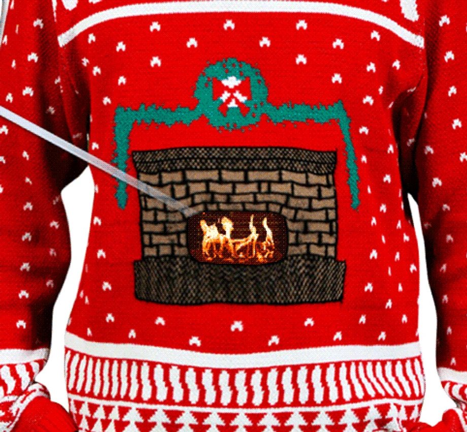 Red and white Christmas themed sweater with an animated fireplace