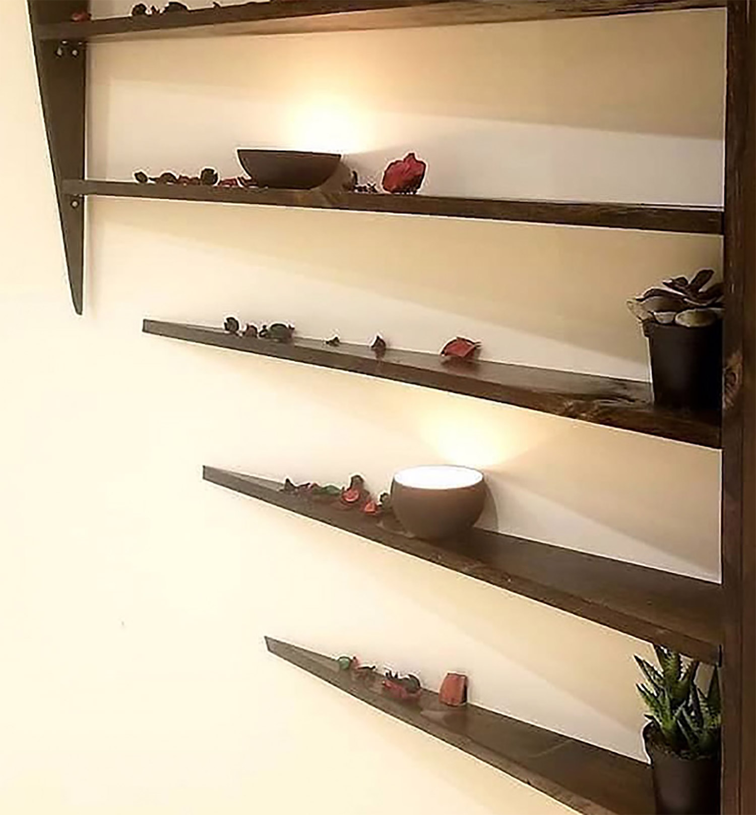 Closed view of brown-colored shelf Disappearing Into The Wall Bookshelf with some succulents