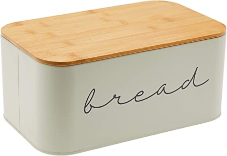 A bread bin composed of metal and bamboo