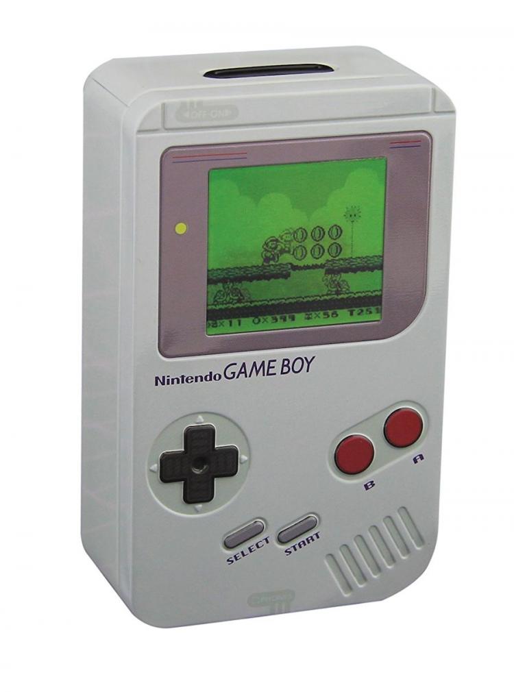 White Nintendo Gameboy with red and black control themed piggy bank