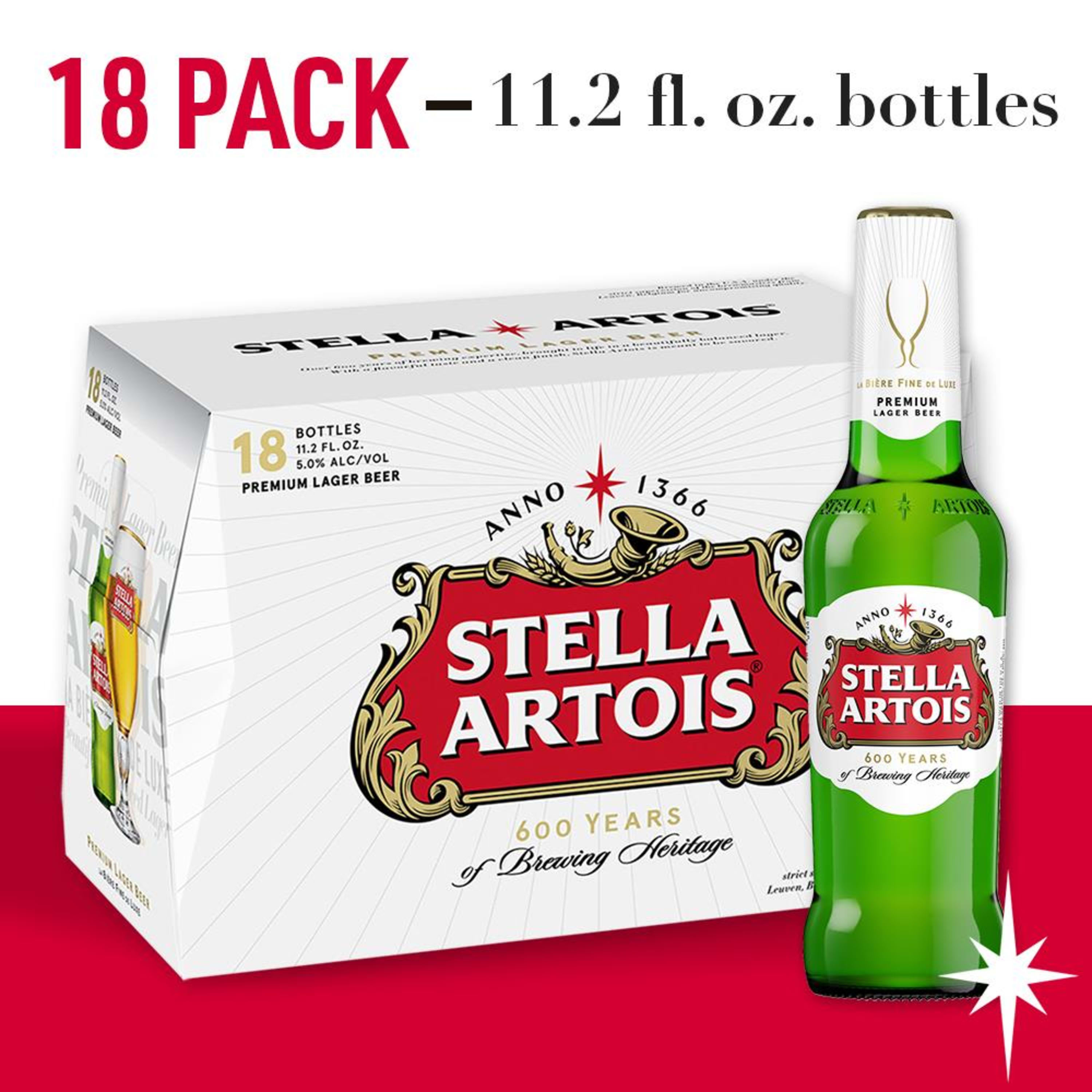 A package of Stella Artois and a sample green-colored bottle of Stella Artois