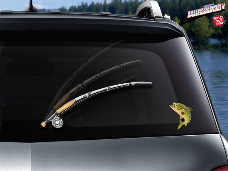 Skin and grey fishing rod wiper and green fish on the car 