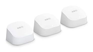 3 white-colored Amazon Eero 6 Mesh Wi-Fi