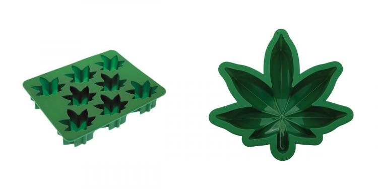 Green colored marijuana leaf-shaped ice cube tray with marijuana shaped ice cube