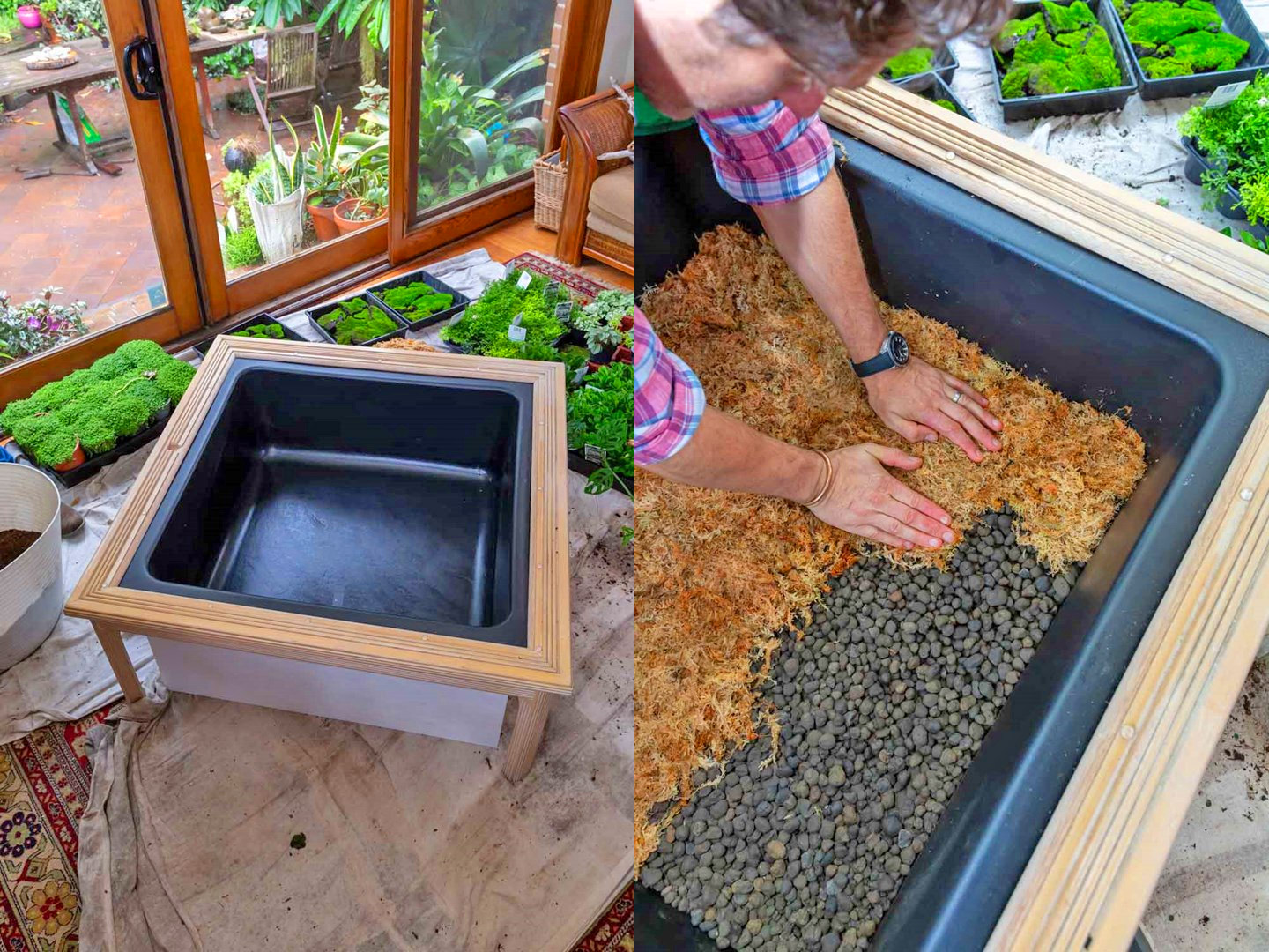 The layering of Terrarium Coffee Table with pebbles and coconut husk and black plastic box placed inside the wooden frame of Terrarium Coffee Table