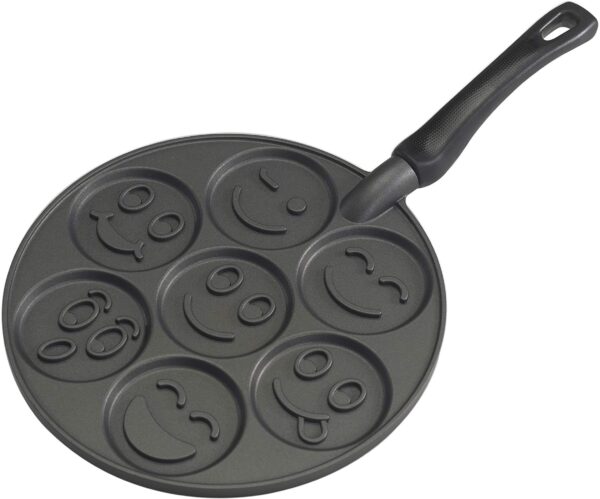 A high-quality pan featuring seven different amusing smiley faces
