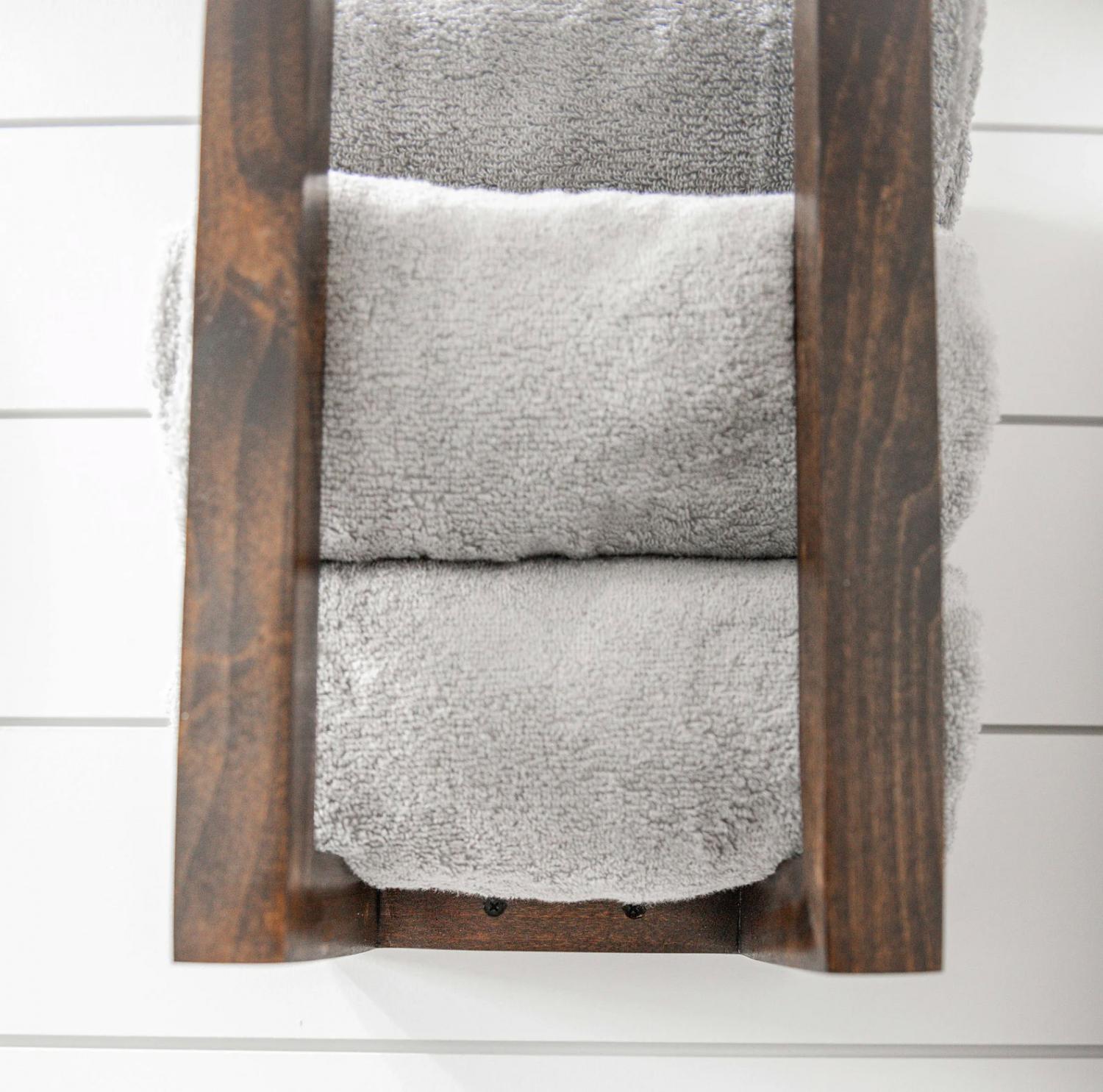 Wooden Farmhouse Style Towel Rack on white wall