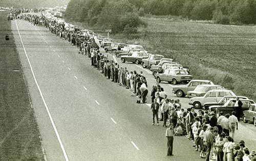 A close up shot of people protesting on road during The Baltic Way