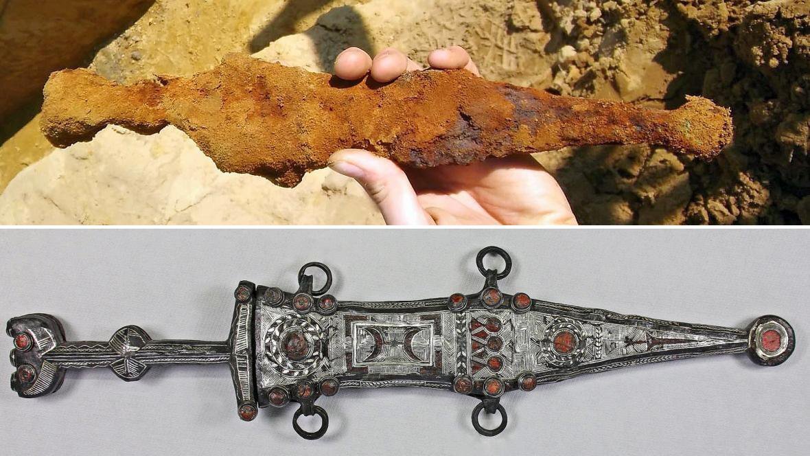 A rusty dagger and a restored 2000 year old roman silver dagger