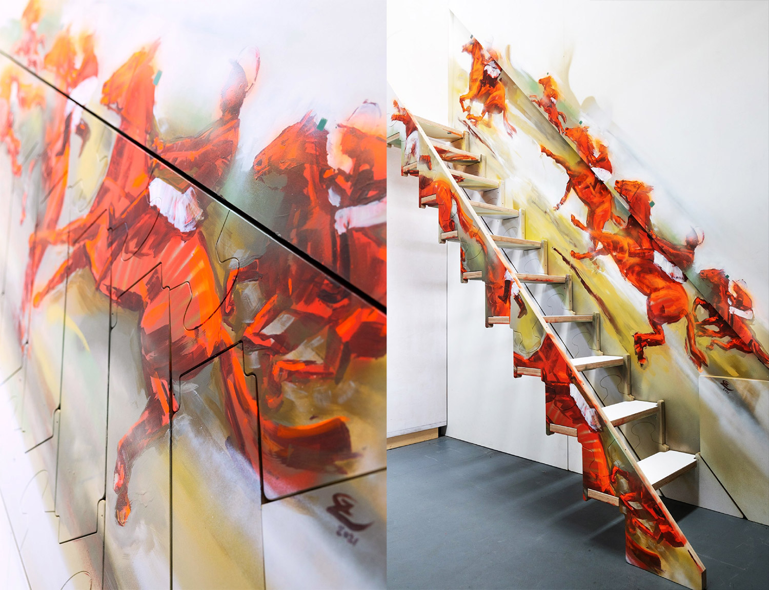 Orange colored horses graphic painting Folding Staircase on a grey floor