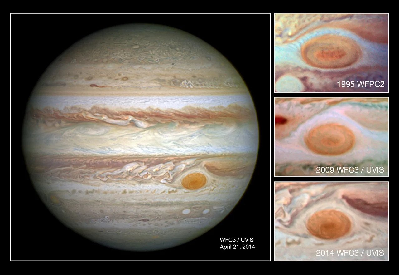 The great red spot of jupiter can be seen shrinking from the past few years