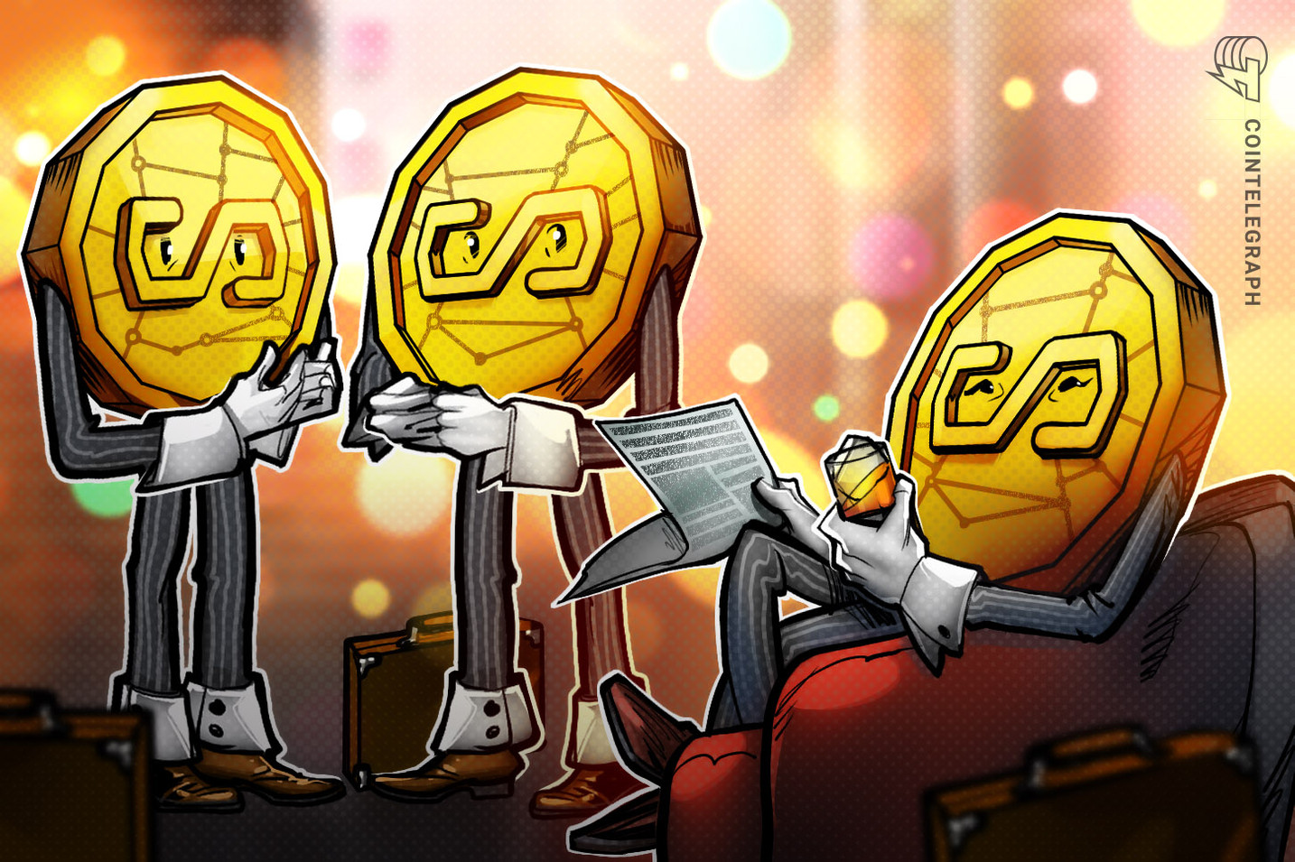 Digital art of two bitcoin faced-man standing and one bitcoin faced-man sitting on a sofa