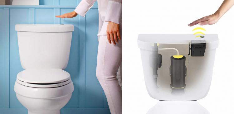 A white shirt and pants-wearing girl flushing the white commode with a sensor