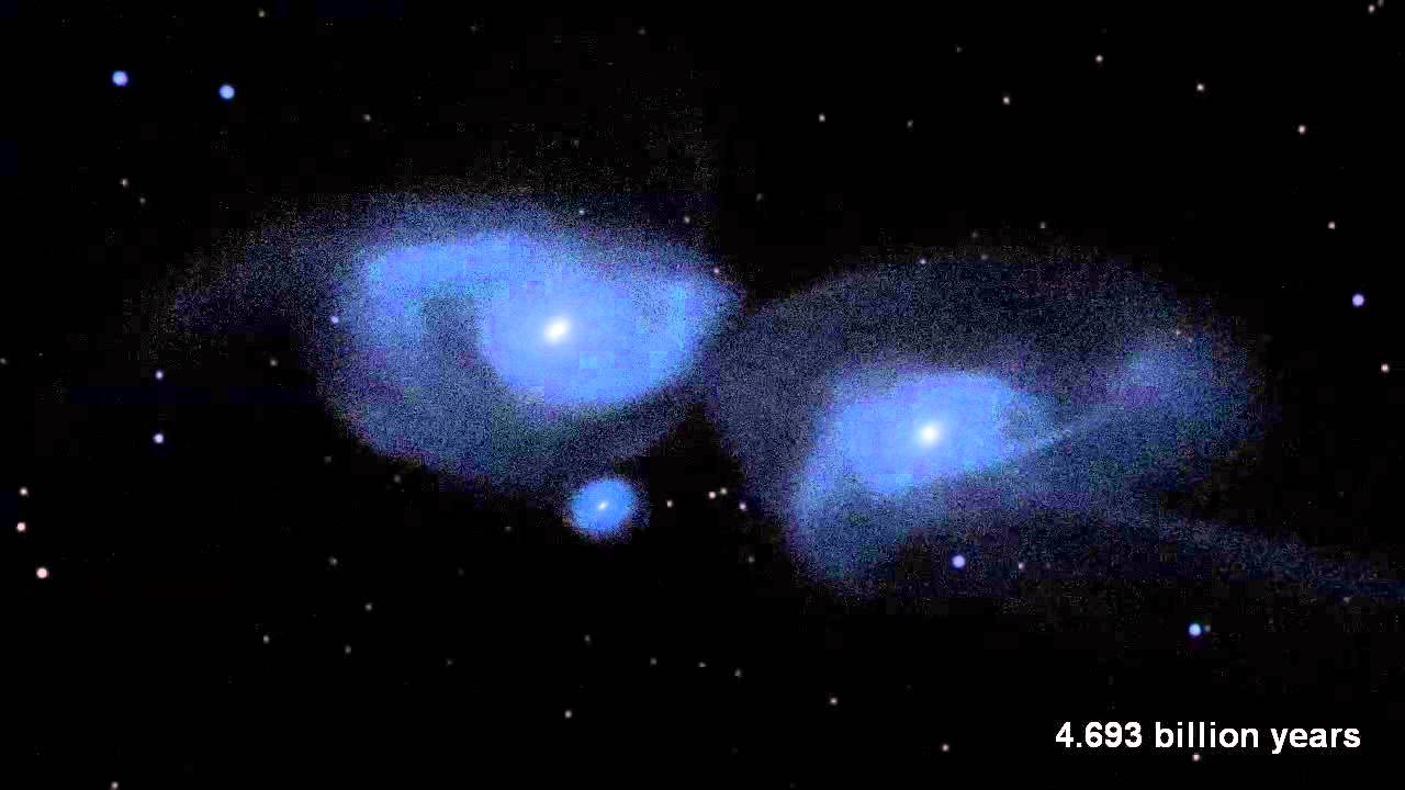Three blue-colored galaxies colliding with each pother in space