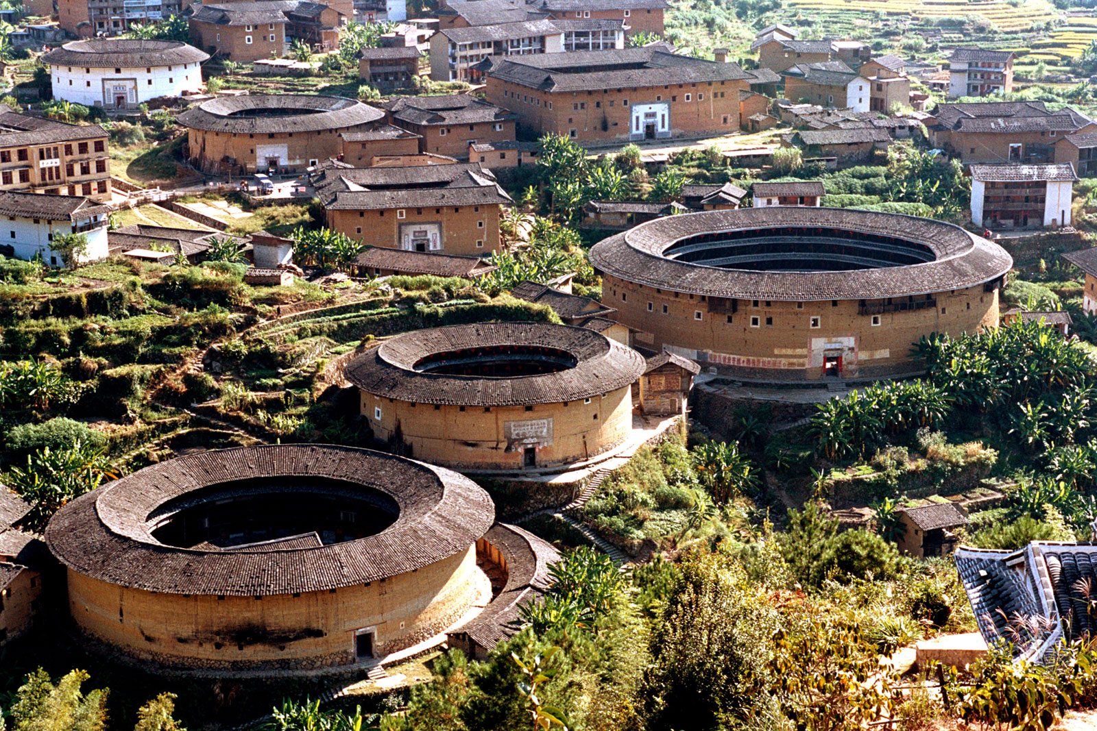 A drone shot of fujain tulou communal homes in China