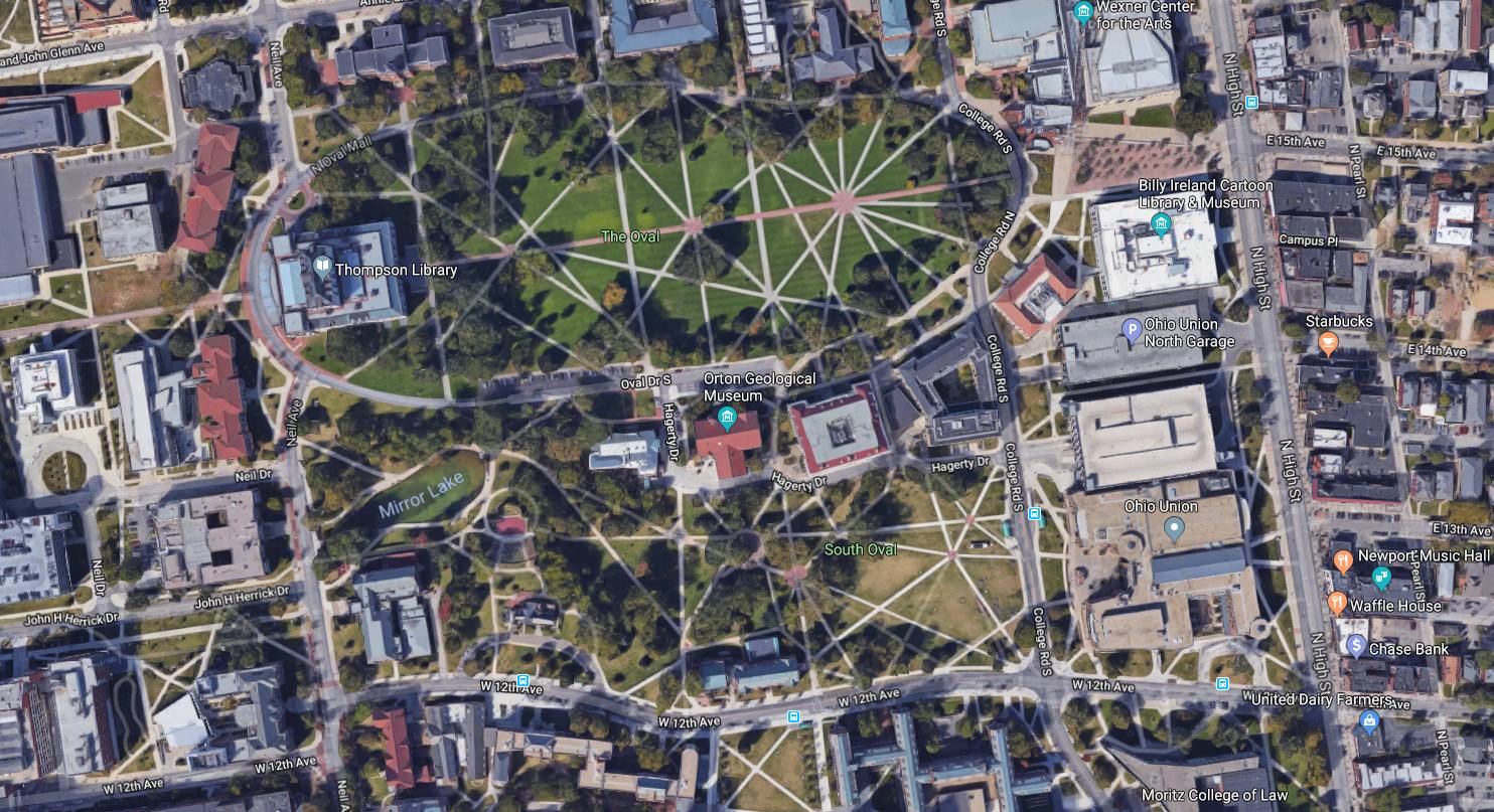 An aerial view of oval paths of Ohio state university