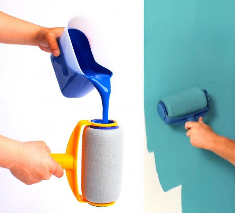 Grey colored paint roller with yellow-colored; a man pouring a blue-colored pain in roller and painting it on a wall handle