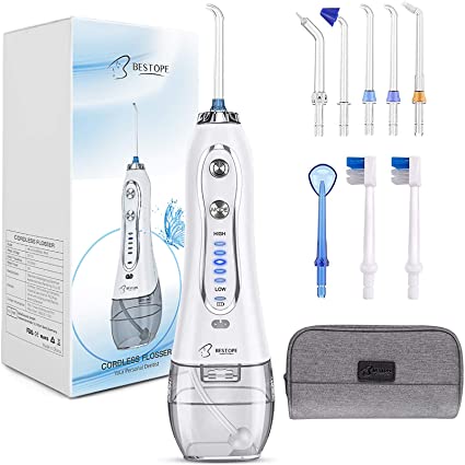 A set of Electric Flosser with six jet nozzles and two toothbrush heads and a pouch