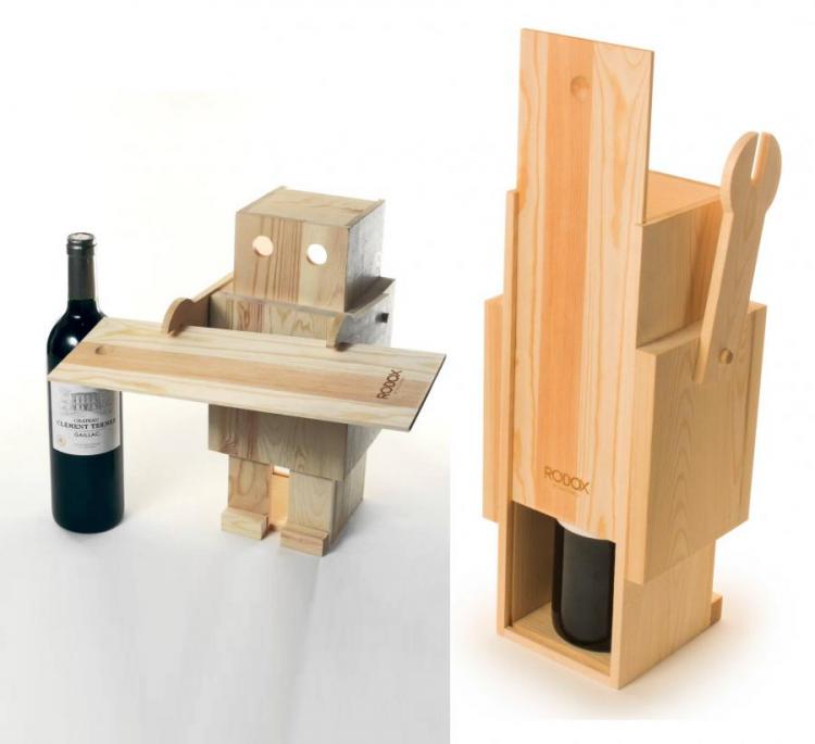 A wooden robot shaped wine bottle server tray