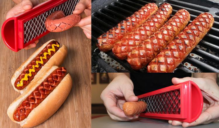 Slot dog slotting hotdogs; hotdogs cooking on the grill ; slotted hotdogs with mustard sauce